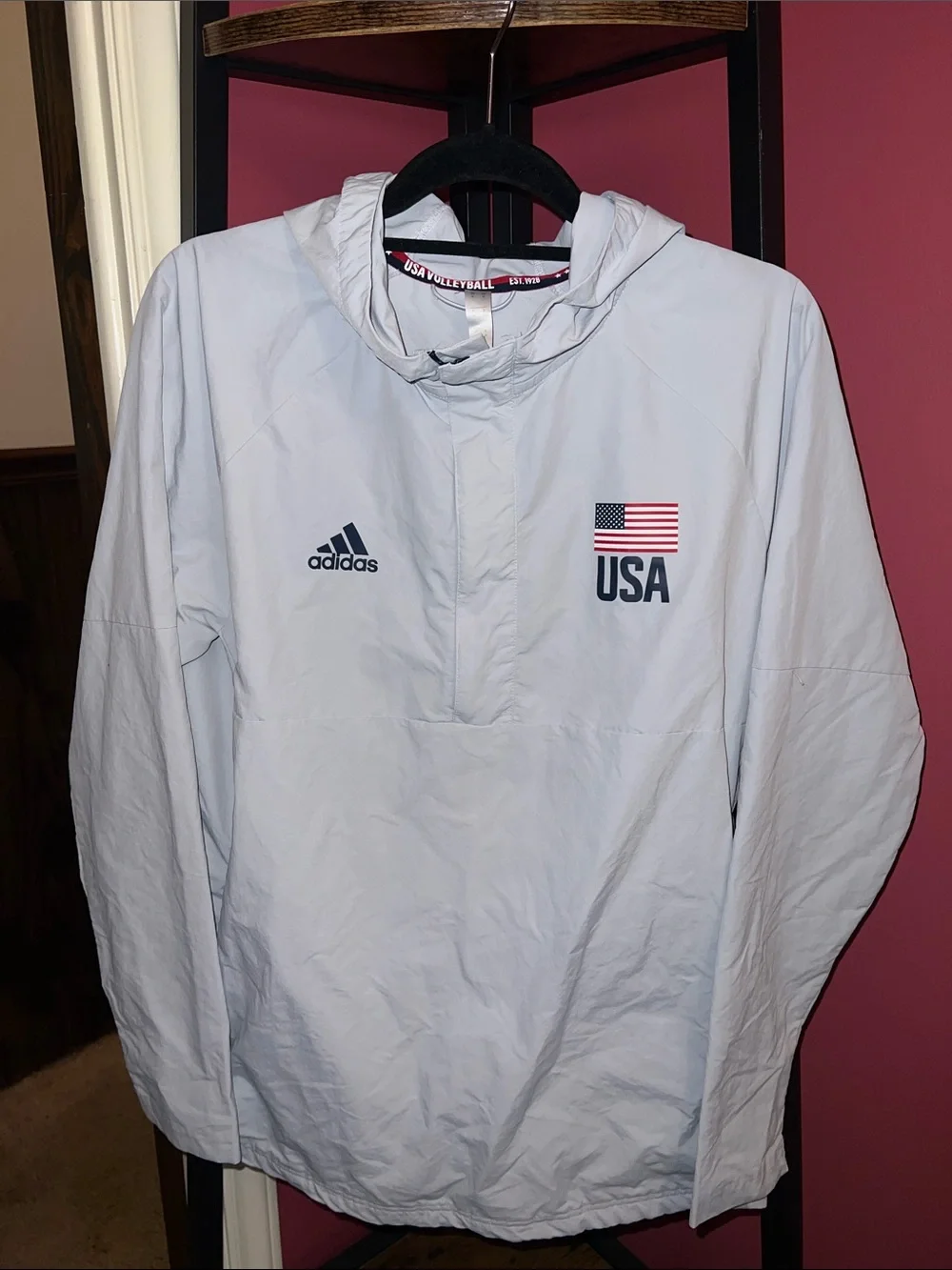 adidas Grey Hooded Jacket with Red and Navy Trim, USA Volleyball